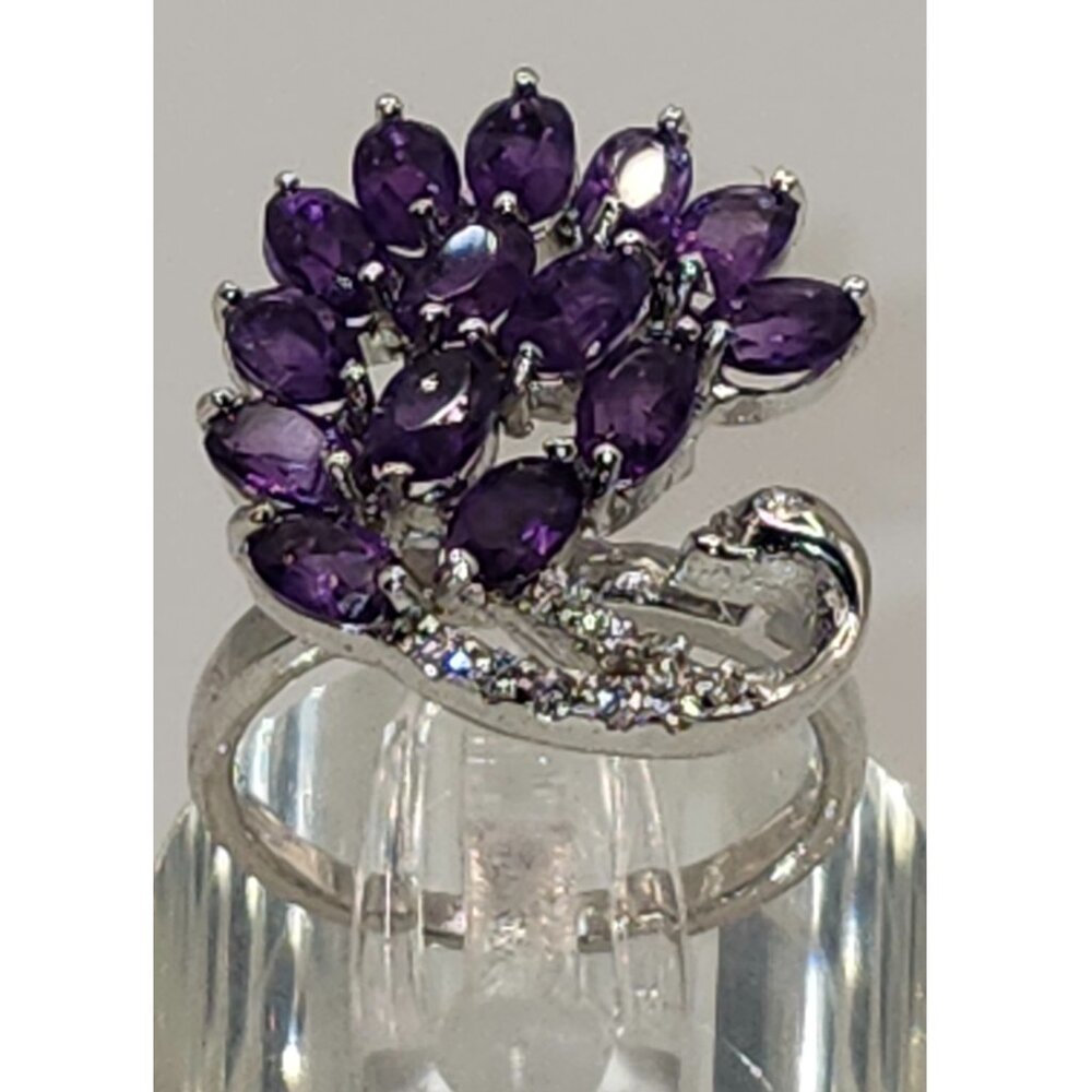 .925 Sterling Silver Amethyst & Cubic Zirconia Peacock Design Ring. Size 6 $690